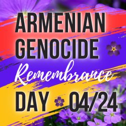 Red Blue and Gold stripes to represent the Armenian flag with the words Armenian Genocide Remembrance Day.